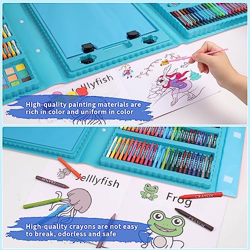Art Supplies 248 Pieces, Girls Boys Teen Artist Drawing Art Kit, Arts and Crafts Gift, Art Set Box with Reversible Tri-Fold Easel, A4 Paper, Coloring Book, Oil Pastels, Crayons, Colored Pencils, Bule