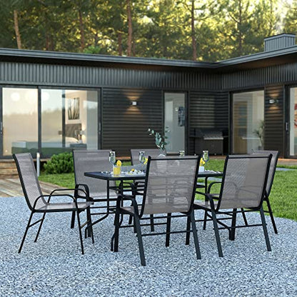 Flash Furniture Brazos 7 Piece Outdoor Patio Dining Set - 6 Gray Flex Comfort Stack Chairs - 55" Tempered Glass Patio Table with Umbrella Hole