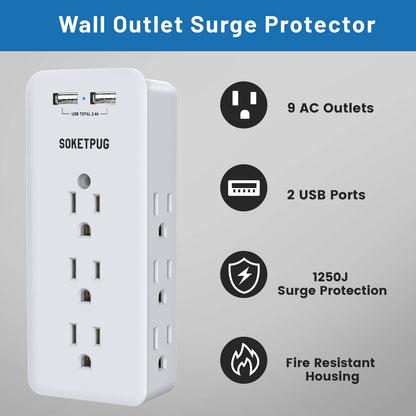 Surge Protector Outlet Extender, USB Wall Charger, SOKETPUG Multi Plug Outlet with 2 USB Charging Ports(Smart 2.4A Total), 9 AC Outlet Splitter Mountable, 3 Sided Plug Extender, Dorm Room Essentials