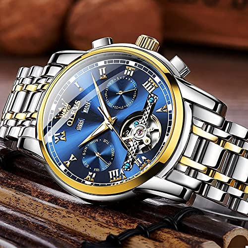 Mens Watches OLEVS Watch Men Automatic Watches for Men Tourbillon Self Winding Skeleton Watch for Men,Men's Wrist Watches Luxury Dress Waterproof Mens Watch Blue Dial Mechanical Watch Day Date,reloj para hombre