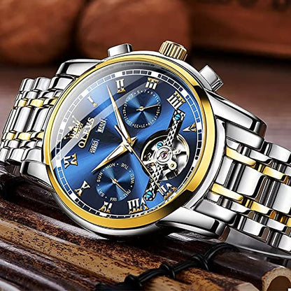 Mens Watches OLEVS Watch Men Automatic Watches for Men Tourbillon Self Winding Skeleton Watch for Men,Men's Wrist Watches Luxury Dress Waterproof Mens Watch Blue Dial Mechanical Watch Day Date,reloj para hombre