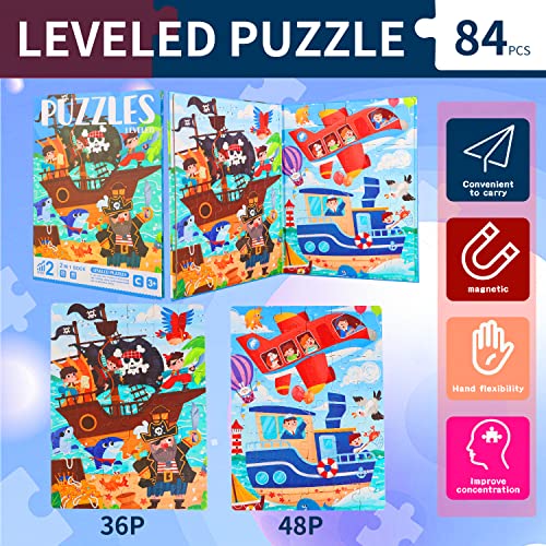 ZEYUSI Large Size Magnetic Puzzles for Kids Ages 3-5 Toys Gifts -84 Pieces Toddler Puzzles for 4-8 Year Old 2-in-1 Pirate Ship Jigsaw Puzzles Book-Travel Games and Travel Toys for Boys Girls
