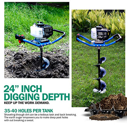 Landworks Earth Auger Power Head Heavy Duty 3HP 52cc 2 Stroke Gas Engine w/Steel 8"x24" Bit w/Fishtail One Man Post Hole Digger for Planting, Earth Burrowing/Drilling & Fences EPA/CARB Compliant
