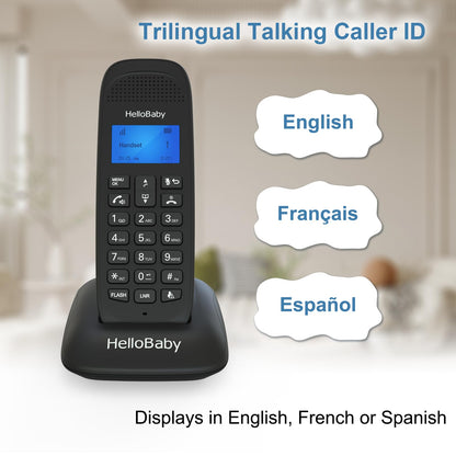 HelloBaby Cordless Phone with 2 Handsets, Advanced Call Block, Expandable Cordless Phone with Trilingual Caller ID/Call Waiting, Full-Duplex Handset Speakerphone(HB1688-2, Black)