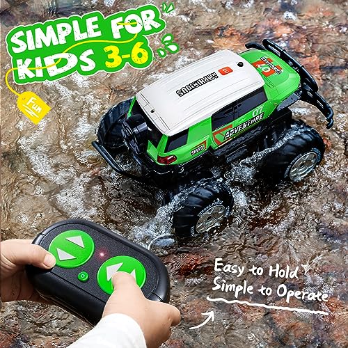 Ruko 1601AMP2 Amphibious RC Truck, 1:10 Scale All Terrains 4WD RC Car, IPX6 Waterproof Monster Truck with Lights, 2 Rechargeable Batteries for 50min Play, Gifts for Kids (Green)
