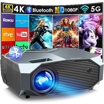 YOWHICK Projector with 5G WiFi and Bluetooth, Native 1080P Outdoor Portable Video Projector Support 4K, Home Theater Movie Projector Compatible with HDMI, USB, Laptop, iOS & Android Phone