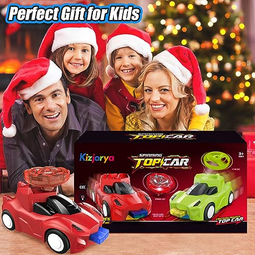KIZJORYA 4-Pack Toy Racer Car with 4 LED Light Up Flashing Spinning Tops & 4 Flying Tops for Kids, Push & Go Vehicles with Spinner Set, for Boys Girls Toddlers Ages 3 4 5 6 7 8+