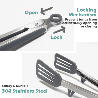Kitchen Tongs, 12" Tongs for Cooking with Silicone Tips, Food Grade Small Silicone Tongs, 3 Types of Mini Serving Tongs for BBQ Salad, Grey