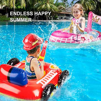 2 Pack Kids Pool Floats with Squirt Gun, Inflatable Pool Toys for Kids, Pink Flower Princess Pool Toys for Girls, Blow up Fire Truck Pool Floats for Toddlers，Baby Water Float Summer Pool Game Toys