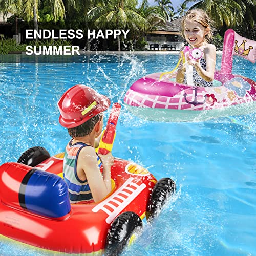 2 Pack Kids Pool Floats with Squirt Gun, Inflatable Pool Toys for Kids, Pink Flower Princess Pool Toys for Girls, Blow up Fire Truck Pool Floats for Toddlers，Baby Water Float Summer Pool Game Toys