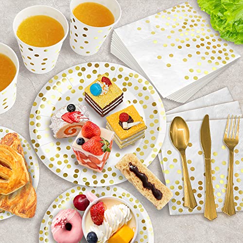 350PCS White and Gold Party Supplies, Severs 50 Disposable Gold Paper Plates Party Supplies Engagement Party Decorations Gold Plastic Forks Knives Spoons Napkins Cups for Wedding Bachelorette