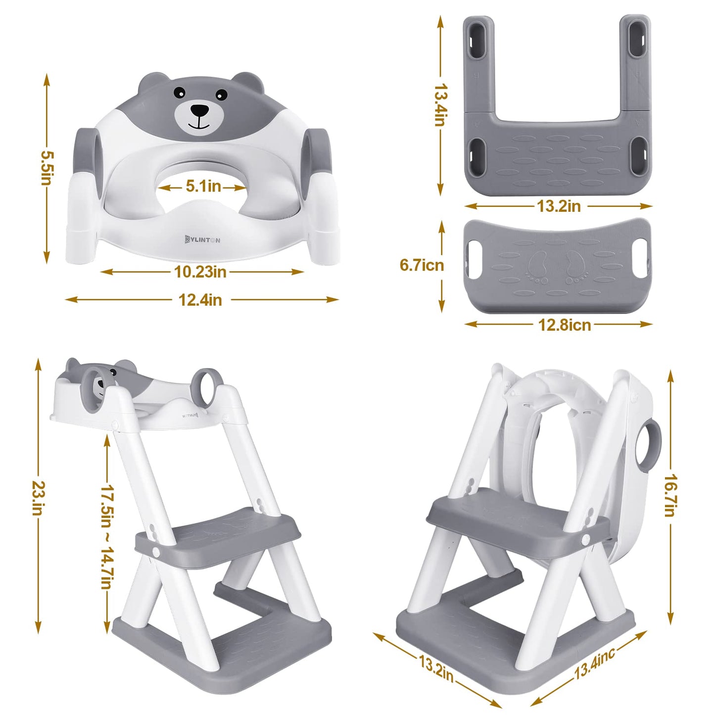 Kylinton® Potty Training Seat with Step Stool Ladder, Foldable Toddler Potty Seat, Training Toilet for Kids, Splash Guard Comfotable and Anti-Slip Pad for Boys Girls - New Grey