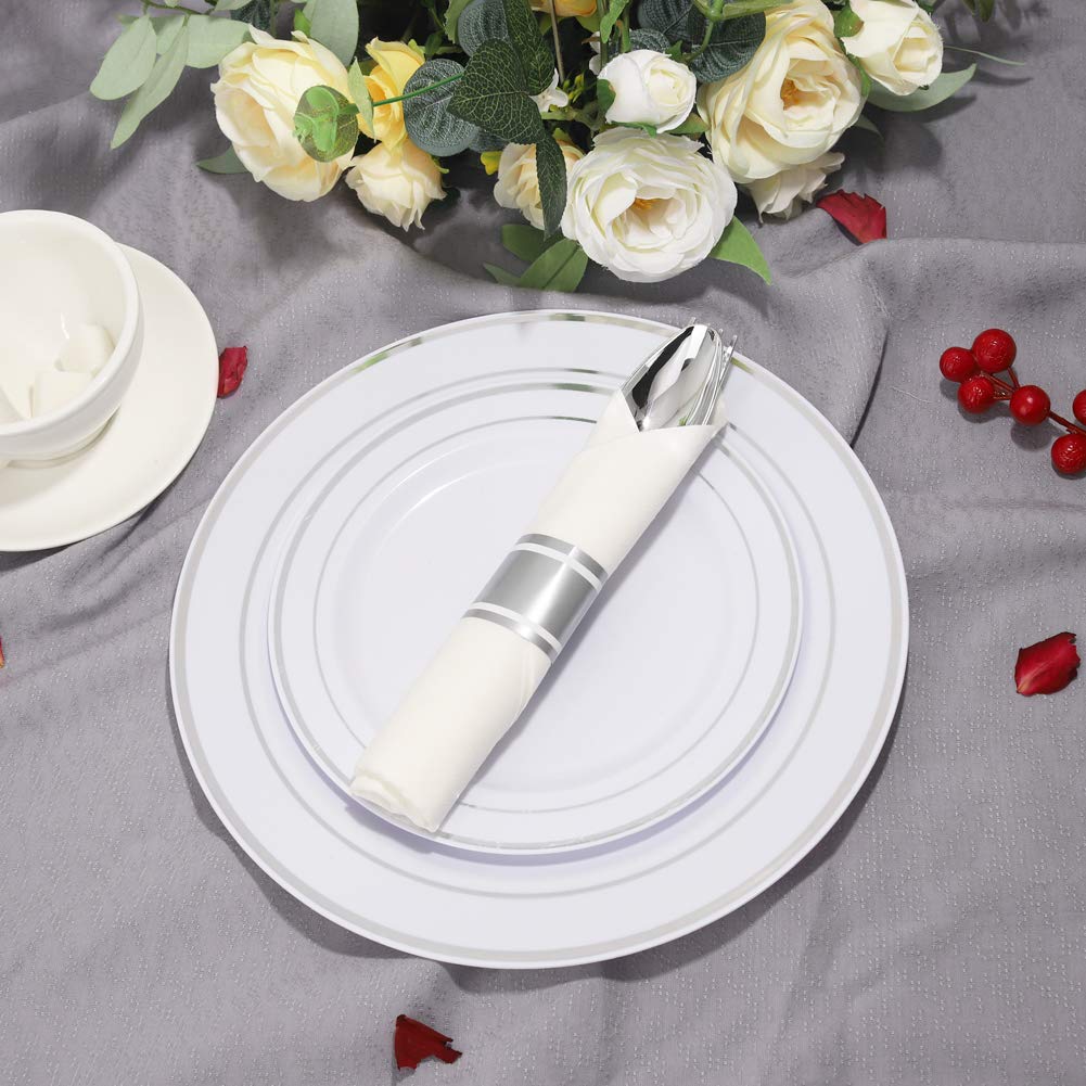 Liacere 30 Pack Silver Plastic Silverware Set with Pre Rolled Napkins - Heavy Duty Disposable Silver Plastic Utensils - Include 90PCS Silver Plastic Cutlery, 30Napkins for Wedding & Party