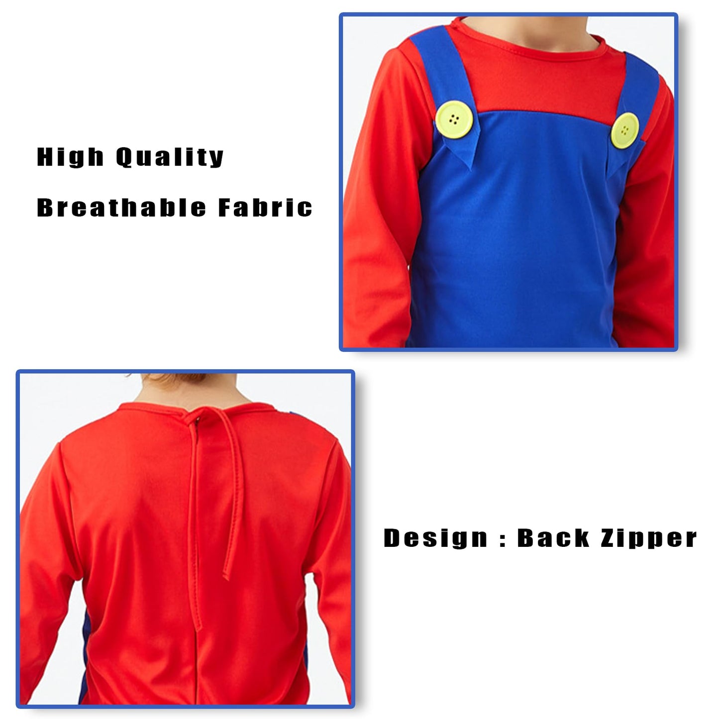 TIDAXU Plumber Mario Costume for Kids Boys Halloween Cosplay Super Brother Costume with Accessory Hat Mustache Gloves (Red, Medium)