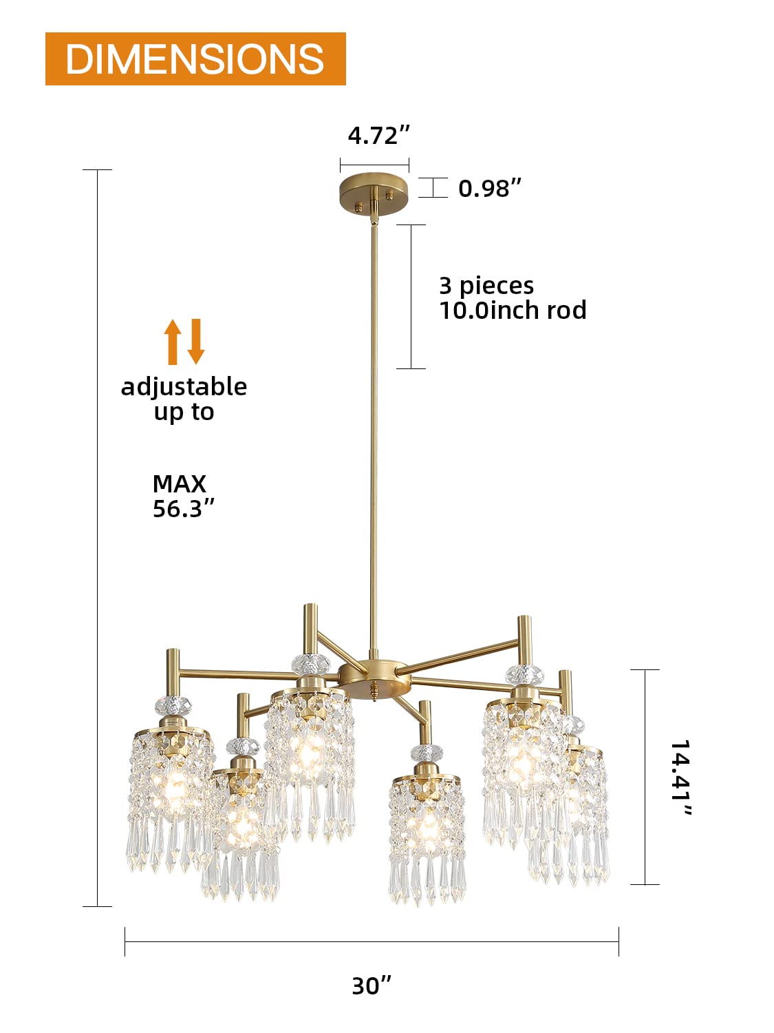 AGEJYYY Crystal Gold Chandelier, 6-Light Modern Ceiling Light Fixtures for Dining, Kitchen, Bedroom & Living Room, Over Table Lighting, Industrial Modern Entryway Chandeliers Design,30in, E26