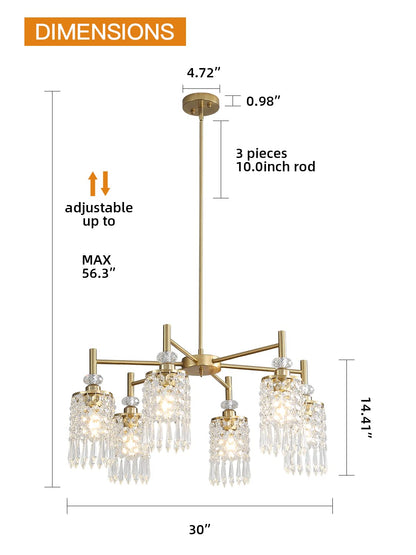 AGEJYYY Crystal Gold Chandelier, 6-Light Modern Ceiling Light Fixtures for Dining, Kitchen, Bedroom & Living Room, Over Table Lighting, Industrial Modern Entryway Chandeliers Design,30in, E26