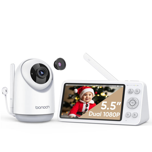 bonoch Video Baby Monitor No WiFi, Local Storage+Playback, 1080p HD Camera&Display, Baby Monitor with Camera and Audio, 7800mAh, 1800ft Range, Motion&Sound Detection, Hack-Proof, Additional 110° Lens