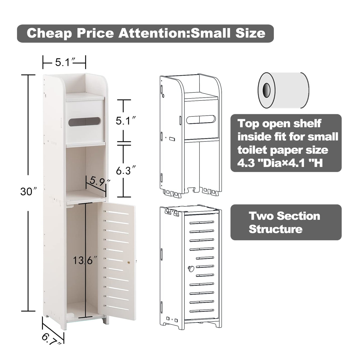 AOJEZOR Toilet Paper Holder Stand, Small Bathroom Storage Cabint (30.5" H Small Size(fit Small roll), White)