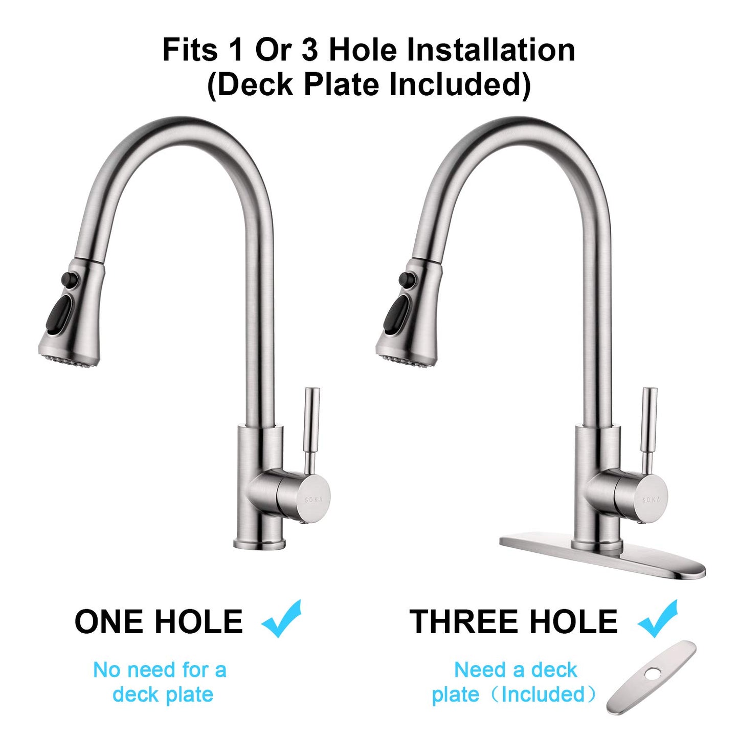 SOKA Commercial Kitchen Faucet with Pull Down Sprayer RV Touch Faucet for Kitchen Sink Singel Handle Travel Trailer Brushed Nickel Kitchen Faucet High Arc Fit for 1 & 3 Hole with Desk Plate