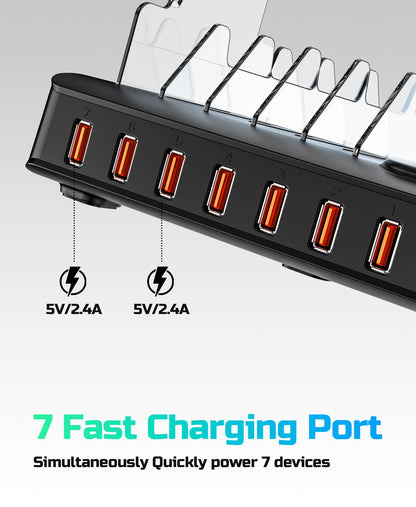 Elechelf Charging Station for Multiple Devices,Compatible with iPad iPhone and iwatch,7-Ports USB Fast Phone Charging Station,Multiple Charger Compatible with Samsung,Air Pods,Tablet(Black)