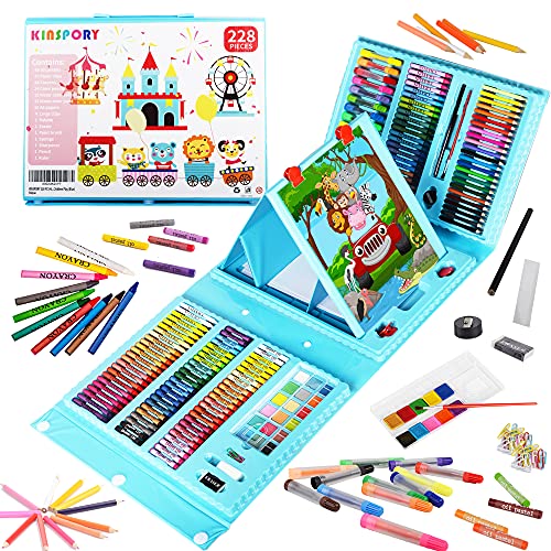 Art Supplies, KINSPORY 228 Pack Art Sets Crafts Drawing Coloring kit, Double-Side Trifold Art Easel, Oil Pastels, Crayons, Colored Pencils, Creative Gift for Beginners Artists Girls Boys Kids (Blue)