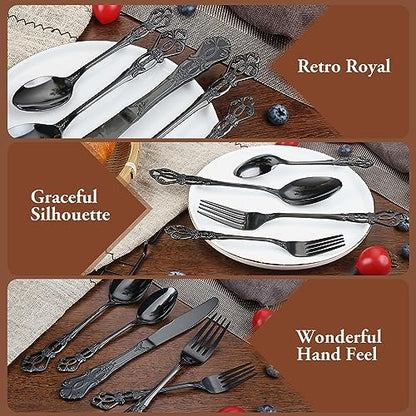 PUREAIN Black Silverware Set, 30 Pieces Retro Royal Silverware Set for 6, Anti-rust Stainless Steel Flatware Set Including Fork Spoon and Knife, Dishwasher Safe