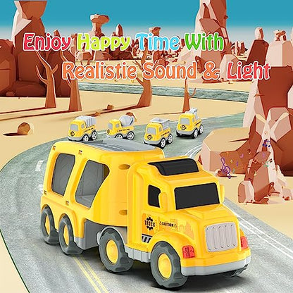 Toddler Car Toys for 3 4 5 Years Old Construction Transport Truck with 4 Pack Small Pull Back Construction Vehicles Friction Power Cars Christmas Birthday Gifts for Kids Boys Girls