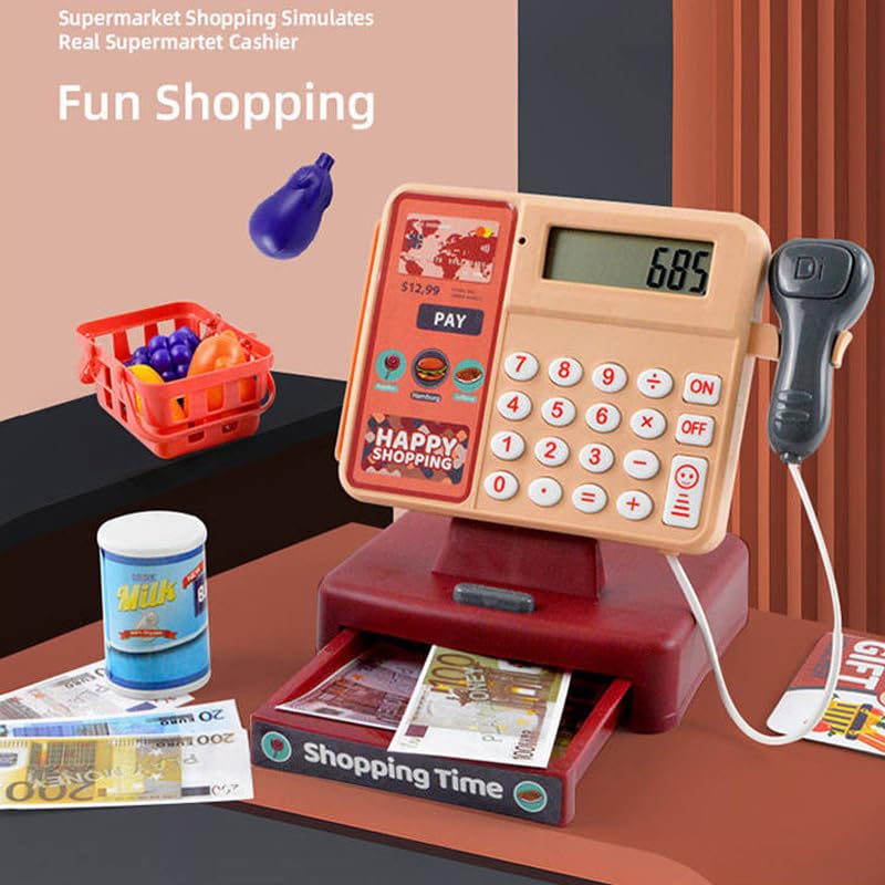 Doliremy Toy Cash Register, Supermarket Cash Register Role Play Set, Cash Register with Calculator,Sound and Light Scanner,Play House Shopping Food Toy,Ideal Gift for Children over 3+No battery(SYJ-002)