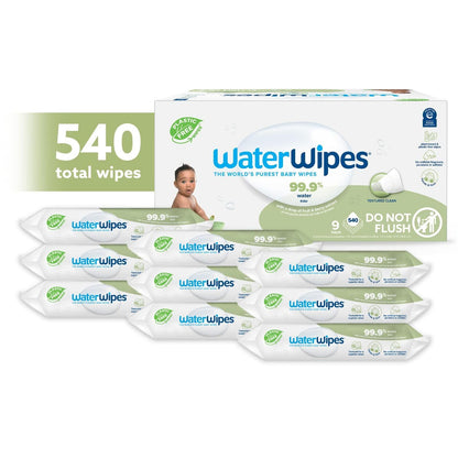 WaterWipes Plastic-Free Textured Clean, Toddler & Baby Wipes, 99.9% Water Based Wipes, Unscented & Hypoallergenic for Sensitive Skin, 540 Count (9 packs), Packaging May Vary