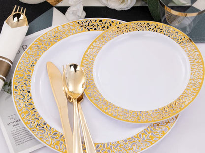 WELLIFE 350 Pieces Gold Plastic Dinnerware,Disposable Gold Lace Plates, Include:50 Dinner Plates,50 Dessert Plates, 50 Pre Rolled Napkins with Gold Silverware and 50 Cups