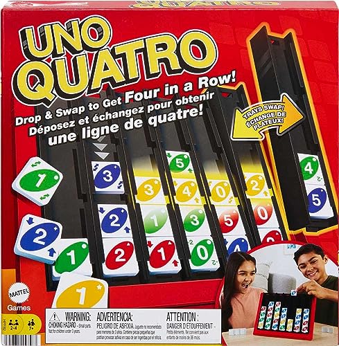 Mattel Games UNO Quatro Game with Colored Tiles & Plastic Game Grid for Adult, Family & Game Night, 2 to 4 Players Ages 7 Years & Up
