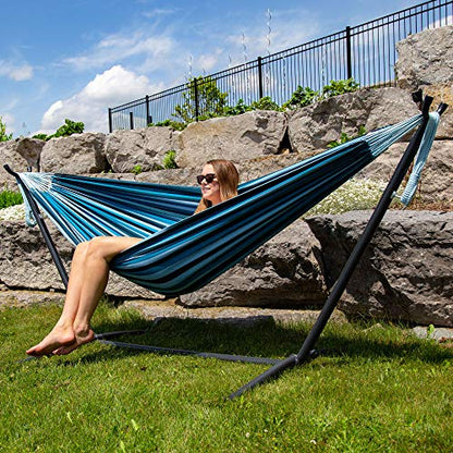 Vivere Double Cotton Hammock with Space Saving Steel Stand, Blue Lagoon (450 lb Capacity - Premium Carry Bag Included)