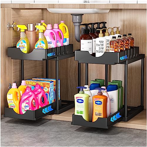 ARSTPEOE 2 Pack Double Sliding Under Sink Organizers and Storage,Two Tier Bathroom Storage and organization,Under Cabinet Organizer with Hooks Hanging Cup,Home Organization,Black