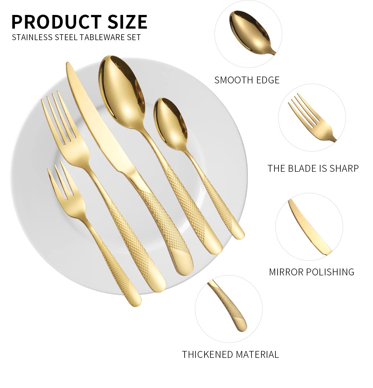 A · HOUSEWARE Hammered Silverware Set Gold 20-Piece Stainless Steel Flatware for 4 Forks Knives and Spoons Modern Thickened Creative Design Handle Durable Festival Parties Kitchen Everyday Use