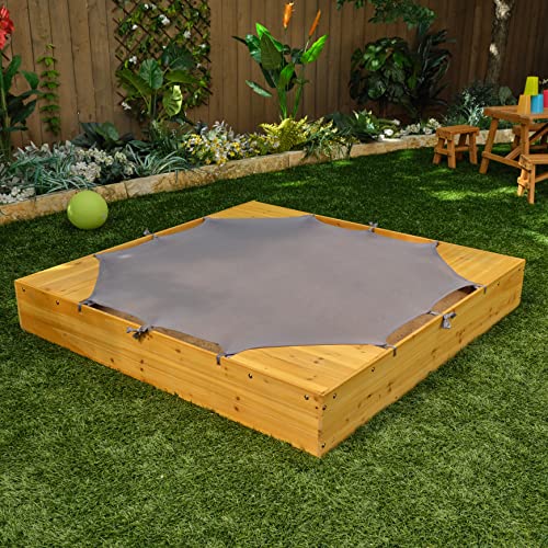 KidKraft Wooden Backyard Sandbox with Built-in Corner Seating and Mesh Cover, Kid's Outdoor Furniture, Honey, Gift for Ages 2-8