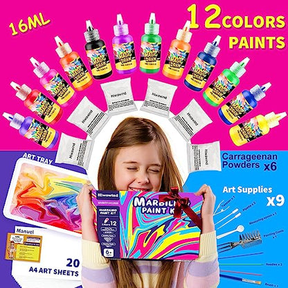 Water Marbling Paint Art Kit for Kids - Arts and Crafts for Girls & Boys,Ideal Gifts for Kids Age 4-8 6-8 8-10 8-12 (12 Colors)