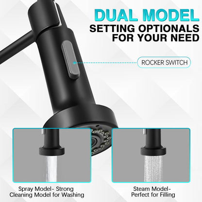 Stylish Kitchen Faucets with Pull Down Sprayer, Food Grade Material 304 Stainless Steel Single Handle Spring Kitchen Sink Faucet for Home,Commercial,rv Kitchen - Matte Black