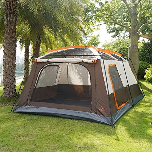 KTT Extra Large Tent 10-12 Person(B), Cabin Tents with 2 Rooms, Straight Wall, 3 Doors and 3 Windows with Mesh, Waterproof, Double Layer - Big for Outdoor Camping, Picnic, Family Gathering (Brown).