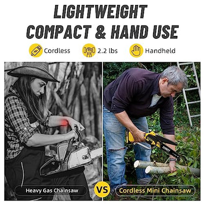 Mini Chainsaw Cordless 6'' with 2×21V Battery, IMOUMLIVE Brushless Powerful Electric Small Hand Portable Chain Saw with Auto Oiler, Lightweight, 2.2 lbs, Handheld, Easy For Pruning, Cutting, Trimming