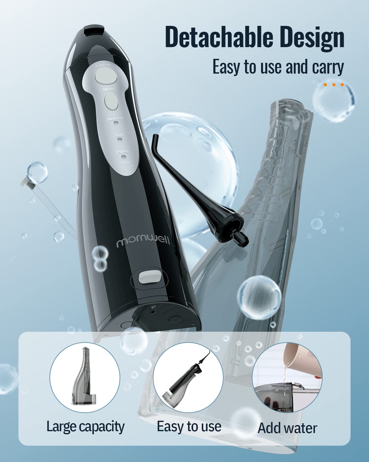 Water Flosser, Mornwell Water Flossers for Teeth - 330ML Tank USB Rechargeable Dental Flosser, IPX7 Waterproof 3 Modes & 4 Jet Tips Portable Dental Oral Irrigator,Professional Water Flosser