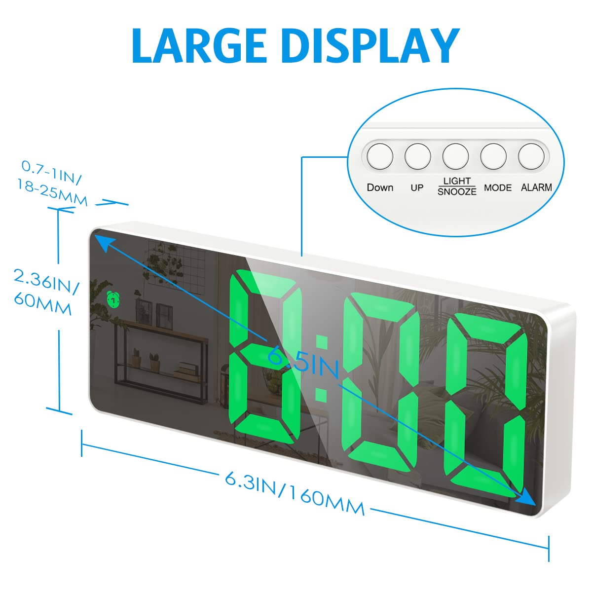 Olipiter Digital Clock for Heavy Sleepers, Alarm Clocks for Bedrooms, LED Digital Clock Large Display, USB/Battery Desktop Clock with Temperature, Adjustable Brightness, Voice Control, 12/24H