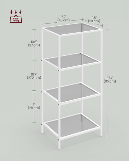 VASAGLE Bookcase, 4-Tier Bookshelf, Slim Shelving Unit for Bedroom, Bathroom, Home Office, Tempered Glass, Steel Frame, Pearl White and Slate Gray ULGT028W01