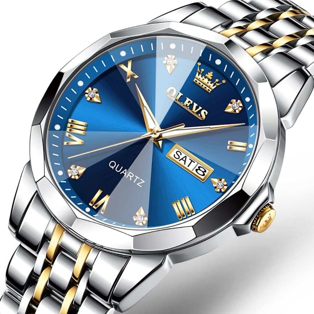 OLEVS Men Watches Business Dress Diamond Analog Quartz Date Luxury Wrist Watch Blue Casual Stainless Steel Waterproof Luminous Two Tone Watch for Men