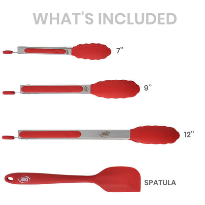 Kaluns Kitchen Tongs for Cooking Grilling Set of 4, BBQ Grill Tongs With Silicone Tip Stainless Steel Heat Resistant, Non-stick Pull Lock, Incl 7, 9, 12 Inch Tong Plus a Silicone Spatula
