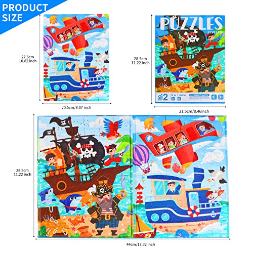 ZEYUSI Large Size Magnetic Puzzles for Kids Ages 3-5 Toys Gifts -84 Pieces Toddler Puzzles for 4-8 Year Old 2-in-1 Pirate Ship Jigsaw Puzzles Book-Travel Games and Travel Toys for Boys Girls