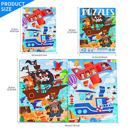 ZEYUSI Large Size Magnetic Puzzles for Kids Ages 3-5 Toys Gifts -84 Pieces Toddler Puzzles for 4-8 Year Old 2-in-1 Pirate Ship Jigsaw Puzzles Book-Travel Games and Travel Toys for Boys Girls