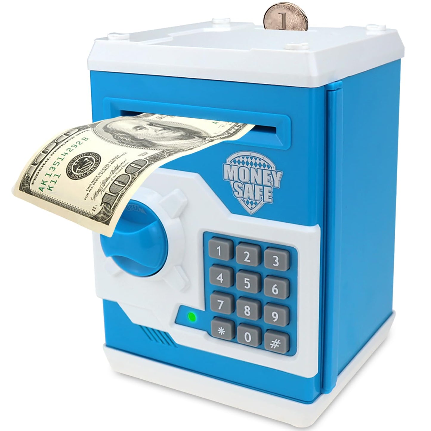 Qwifyu Piggy Bank for Boys Girls, 4 5 6 7 8 9 10 Year Old Girl Boy Birthday Gift Ideas, Electronic Password Money Saving Box ATM, Great Gift Safe Bank Toys for Kids (Blue White)