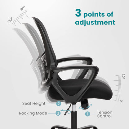 SMUG Office Computer Desk Chair, Ergonomic Mid-Back Mesh Rolling Work Swivel Task Chairs with Wheels, Comfortable Lumbar Support, Comfy Arms for Home, Bedroom, Study, Dorm, Student, Adults, Black