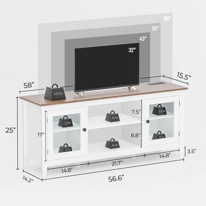 HAIOOU LED TV Stand with Charging Station, Modern Entertainment Center for TV up to 60 Inch, Television Media Console Cabinet with LED Lights, USB-C 18W Super Charge Port - White + Walnut Brown
