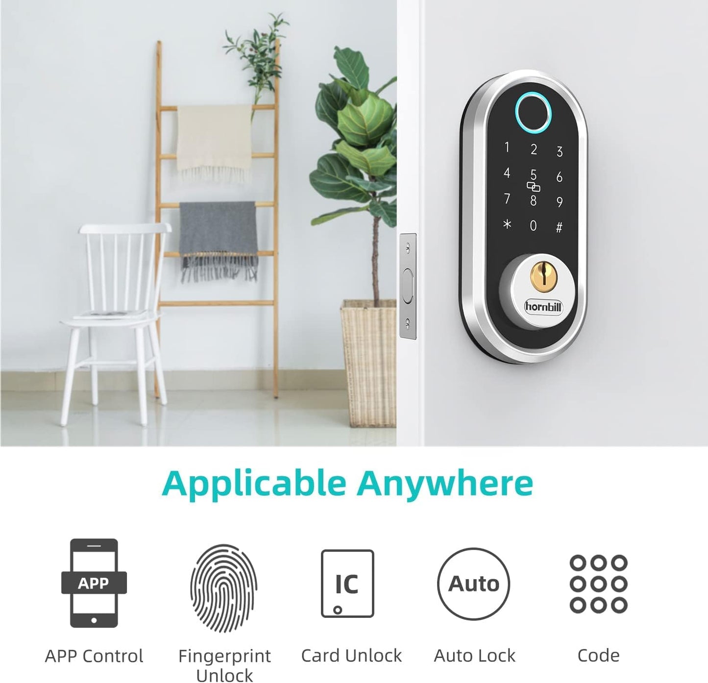 Security Smart Deadbolt, Hornbill Keyless Entry Door Lock with Biometric Fingerprint, Bluetooth Electronic Smart Lock with Keypad, App Control, Work with Alexa for Front Door, Bedroom, Apartment